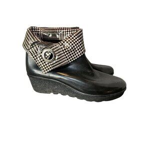 Sperry Women's 9 Top Sider Houndstooth Rubber Rain Ankle Booties Wedge Heel